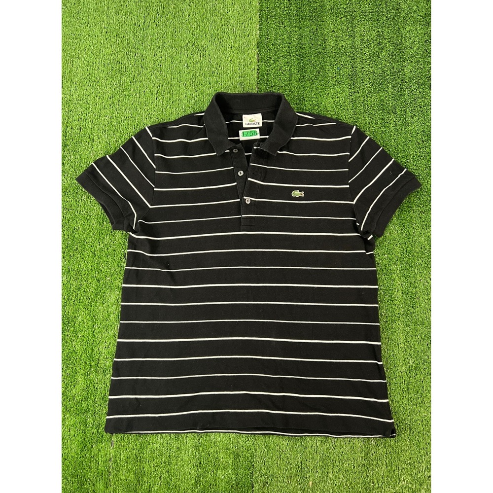 Lacoste Mens Black White Striped Pique Polo Shirt Size 5 SM Short Sleeve